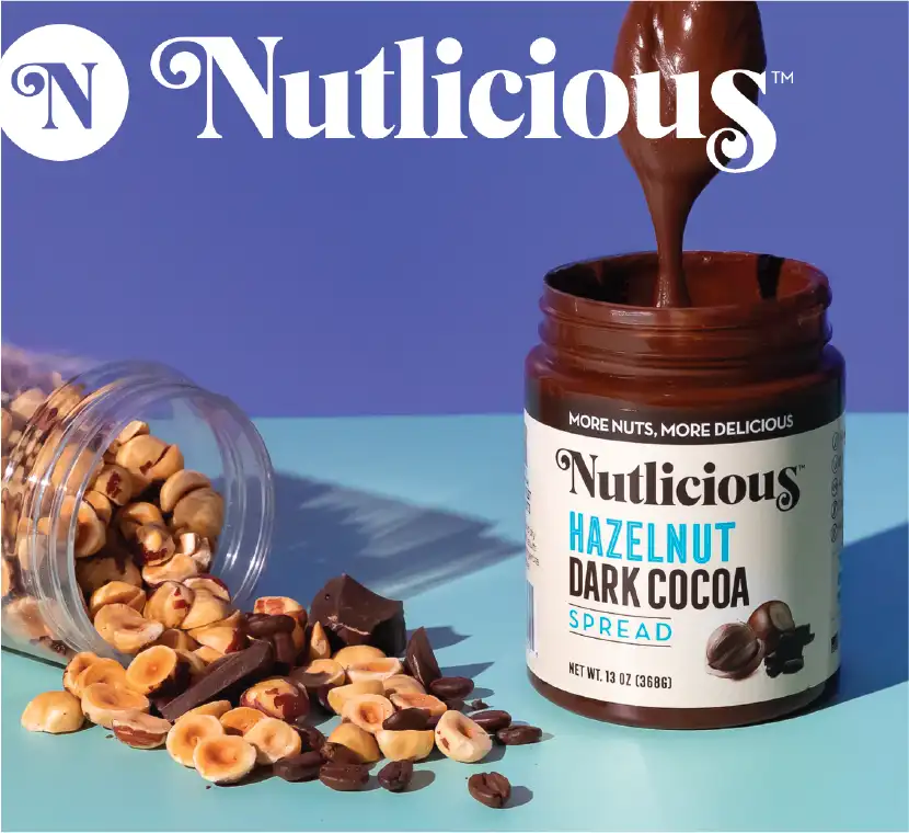 Nutlicious logo over a jar of dripping hazelnut butter