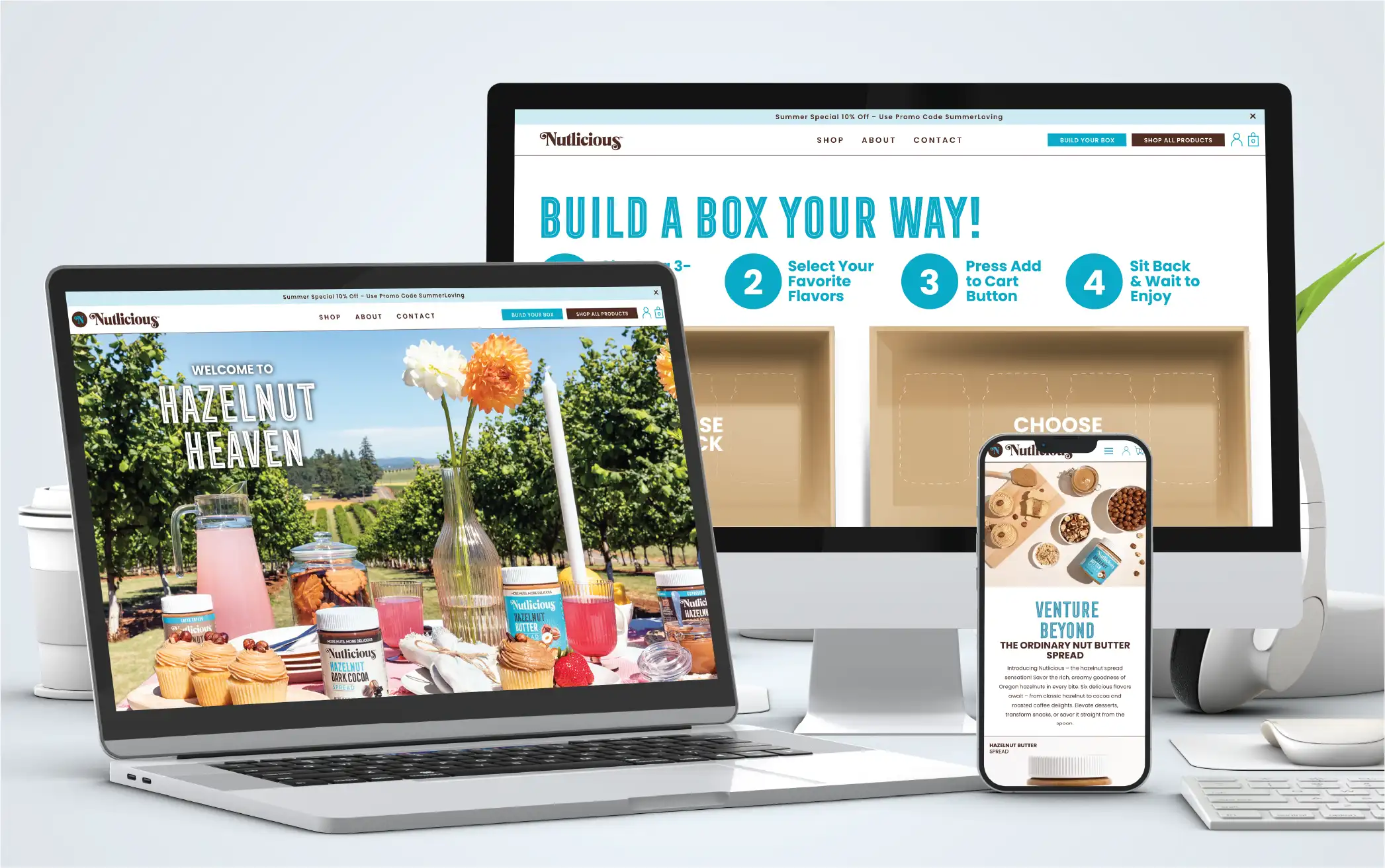 Nutlicious Webdesign Shown on Three different devices
